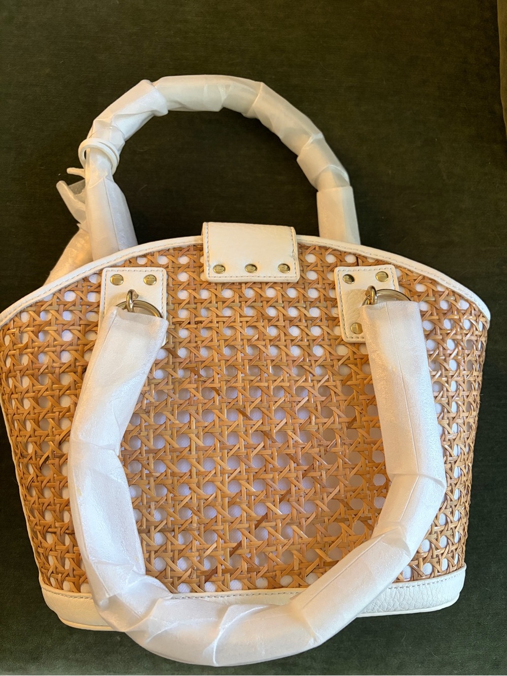 Lilly Pulitzer Adeline Cane Woven Rattan Tote Bag with White Trim NWT - Picture 3 of 6